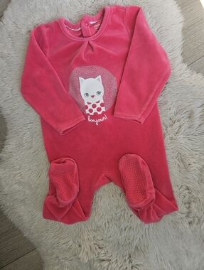 💫5/20$ Obaibi Baby Girl Pink Velvet - White Cat "Bonjour" 🎀🐱 18M